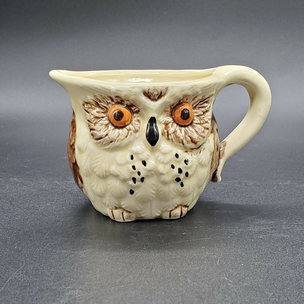 Enesco ceramic owl shaped creamer brown white made in Japan 1980's vintage
